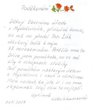 Poděkování pí Ludmily Schwarzové